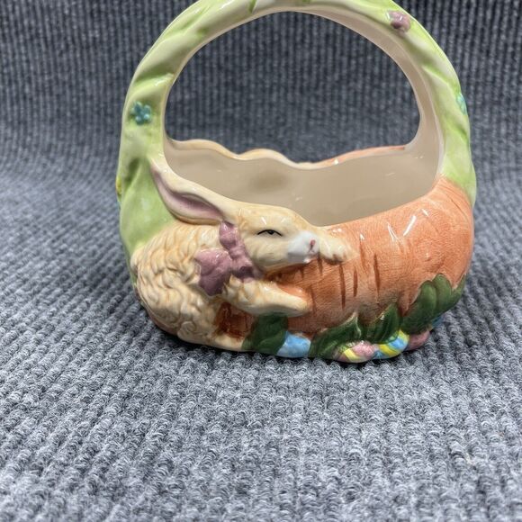 VTG Designpac Easter Basket Ceramic Rabbits Carrots 7”x‎ 6” Holiday Decorative - Picture 2 of 13